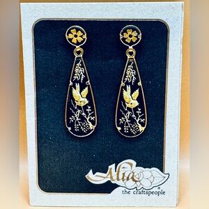 Alia Black and Gold Floral Bird Earrings
